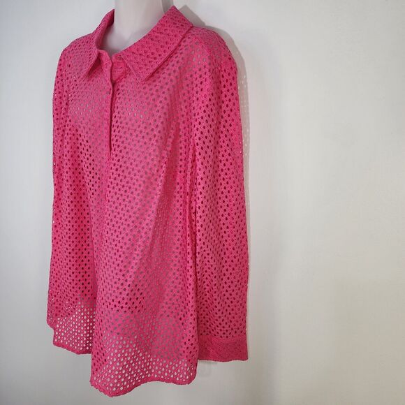 Denim & Co Shirt Womans Size 1X Pink Button Front Eyelet Long Sleeve A288398 - Picture 5 of 9